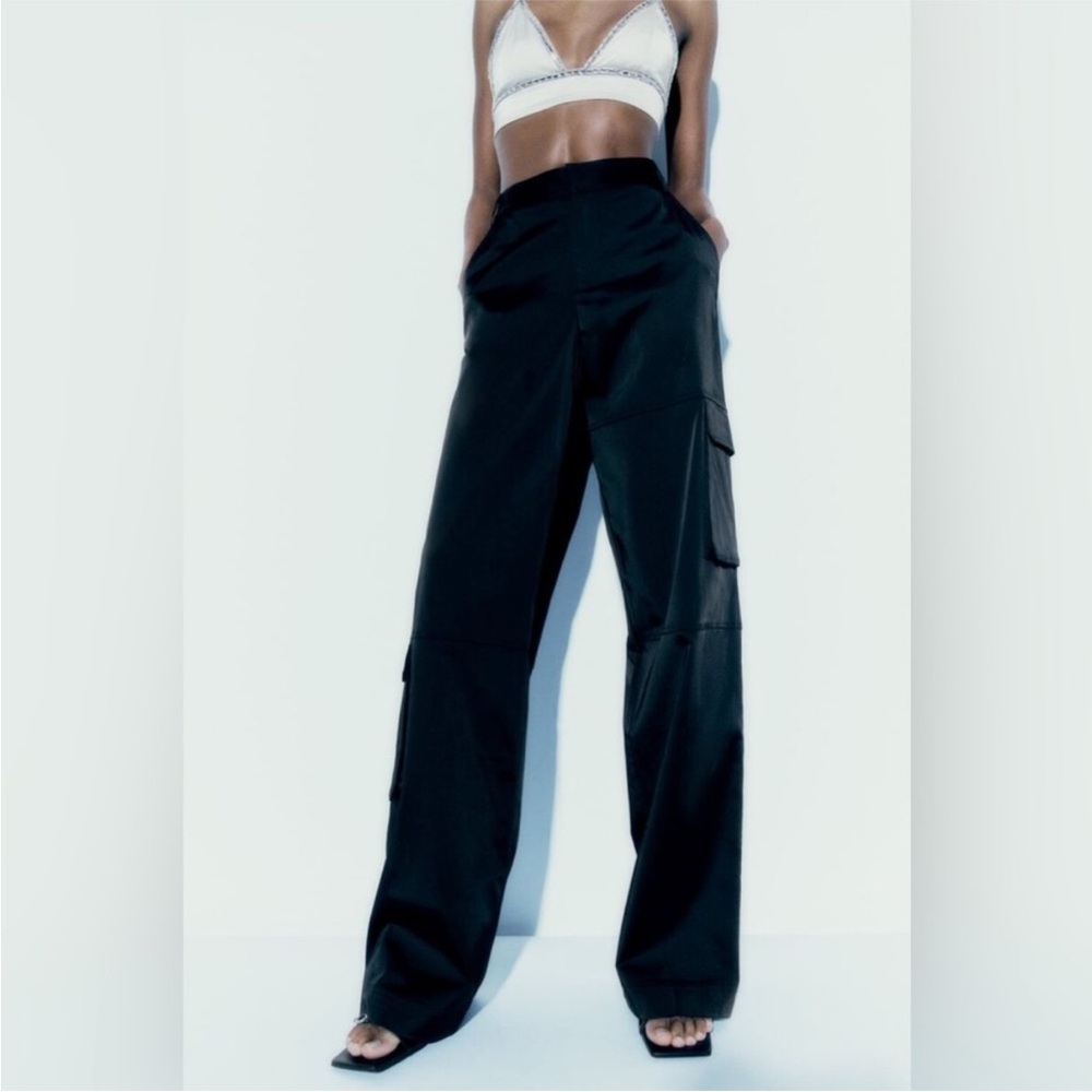 Zara black satin cargo pants, size XS, NWOT
